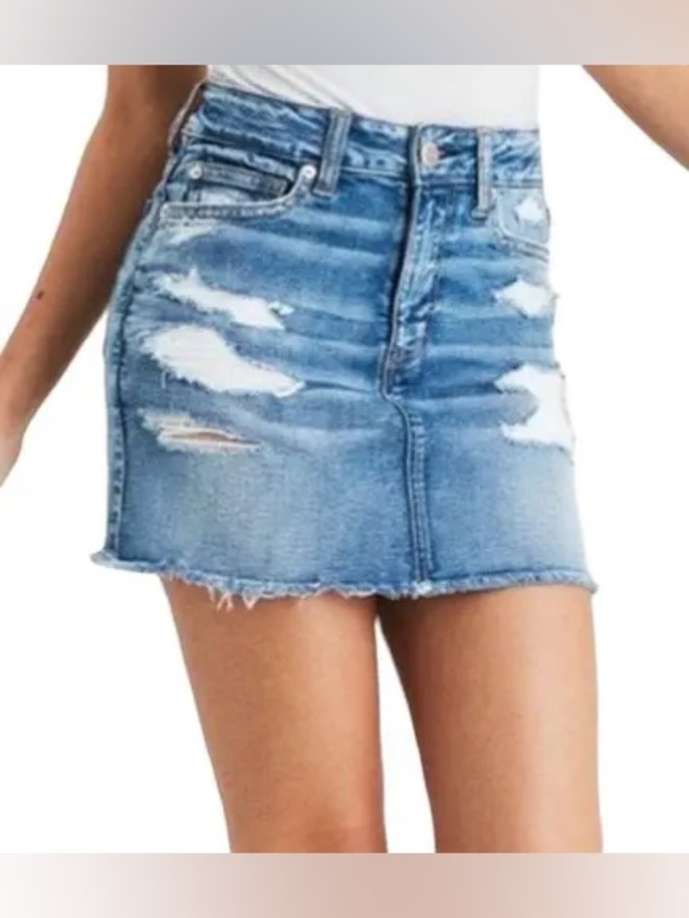 American Eagle Next Level Stretch Hi Ride Distressed Denim Mini Skirt